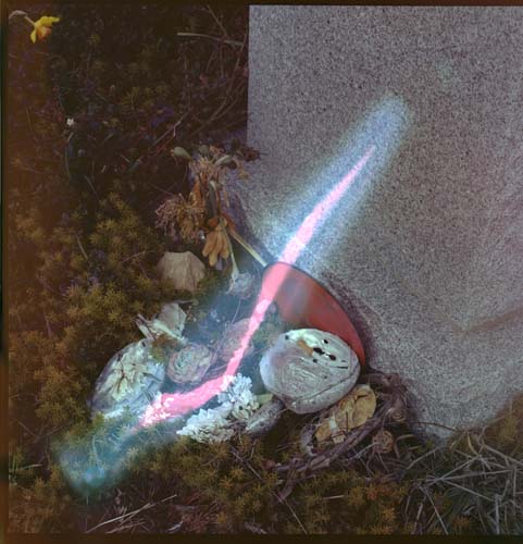 An overhead view of a collection of objects resting against a grave. A light leak leaves a jagged mark through the middle of the image.